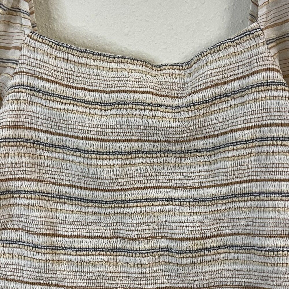 Striped Smocked Square Neck Crop Top With Long Balloon Sleeves In Neutral Stripe - Picture 3 of 13
